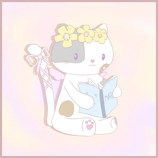 Delilah, Pagehealing's calico cat mascot, sitting with a crown of yellow flowers and reading a blue maths book.